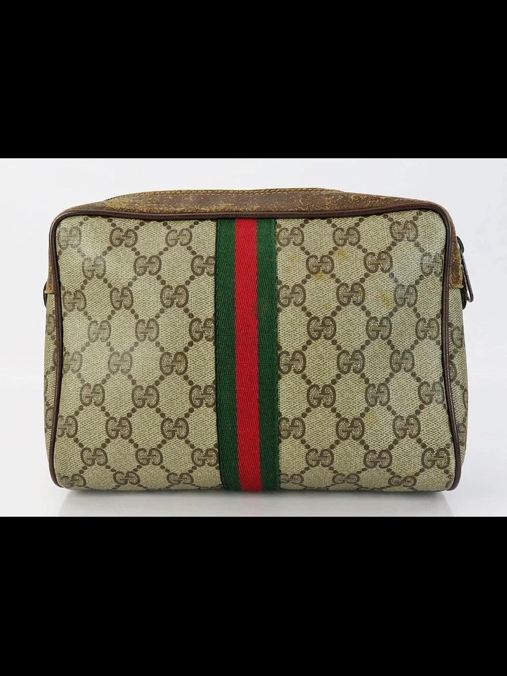Gucci Brown GG Canvas Toiletry Pouch with Green and Red Web Stripe